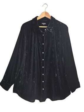 Talbots Plus 2X Black Crushed Velvet Button Tunic Shirt Old Money Whimsical